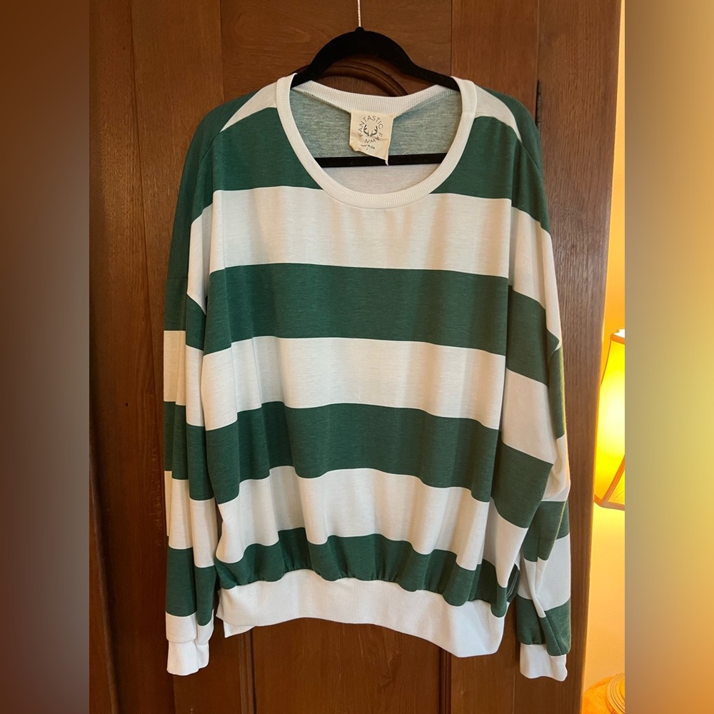 Fantastic Fawn Green and White Striped Sweatshirt